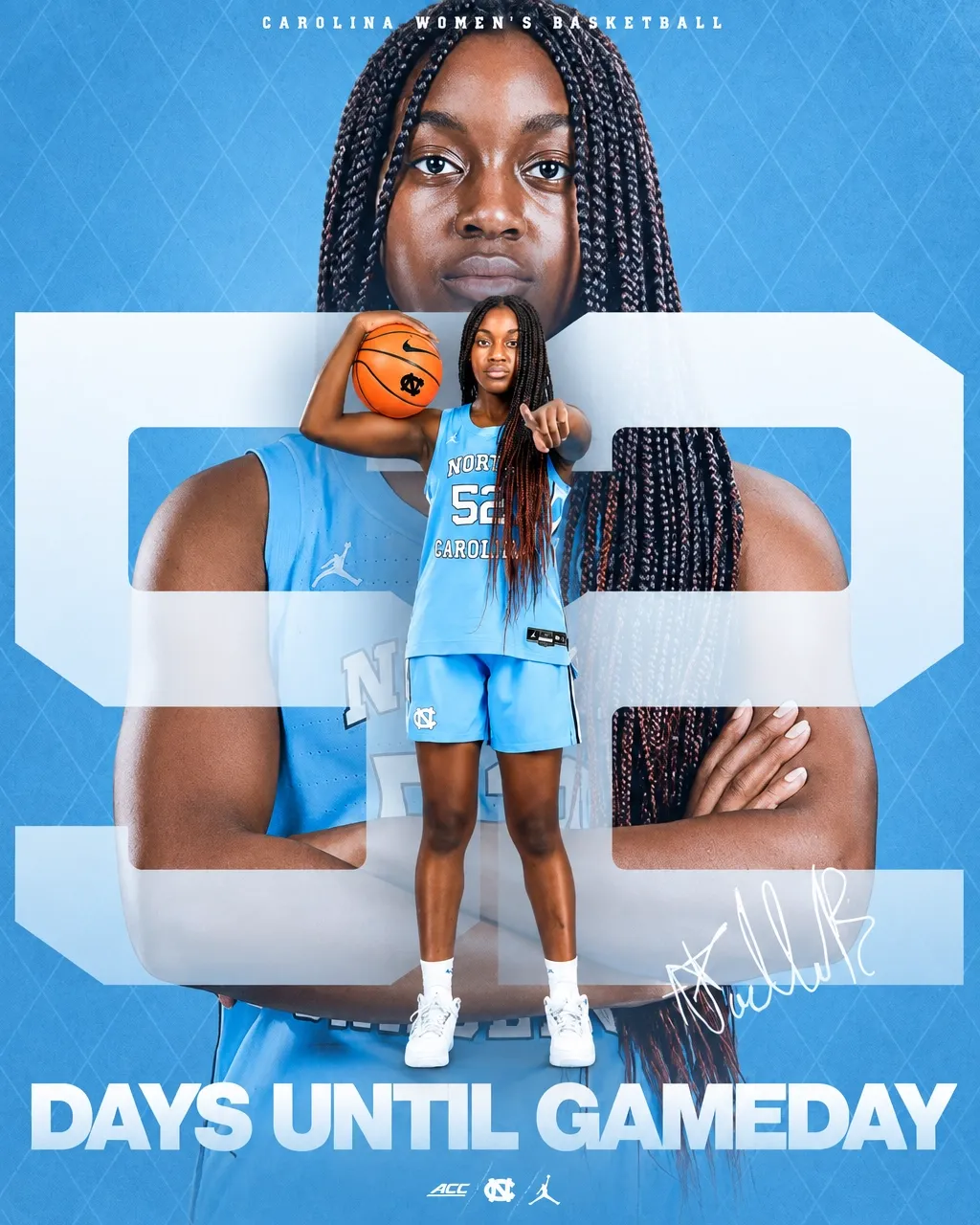 Noelle Bofia in a number 52 North Carolina gameday graphic reading 52 days until gameday